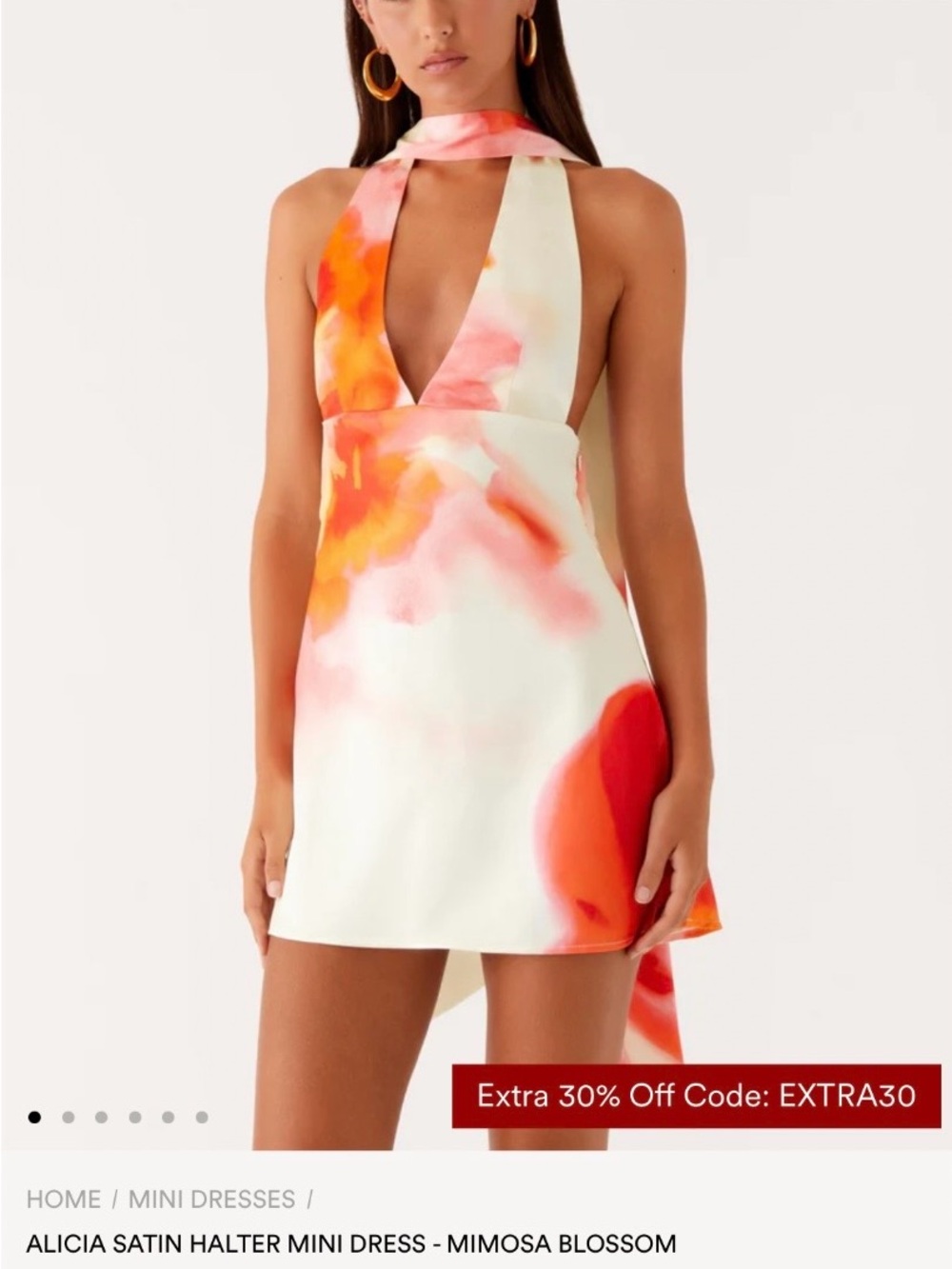 Peppermayo Alicia Satin Halter Mini Dress - Cream with Orange & Pink Bloom